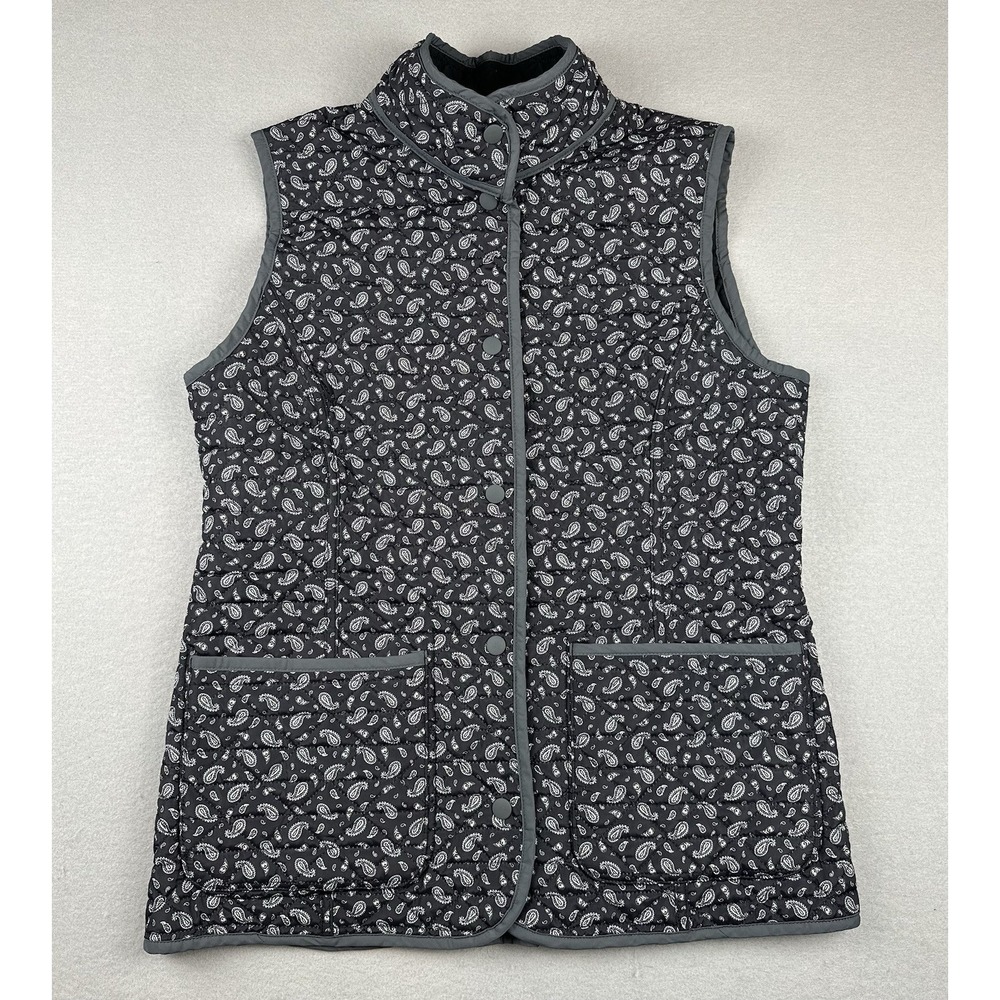 Lands' End Quilted Vest Women's Small 6/8 Reversible Snap Black Paisley